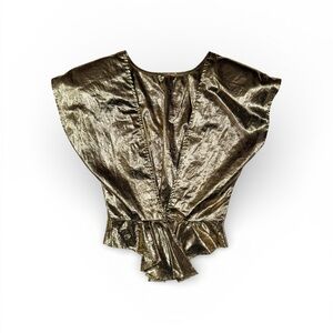 Vintage Rumours Gold Metallic Lame Flutter Sleeve Deep V Button Top Small